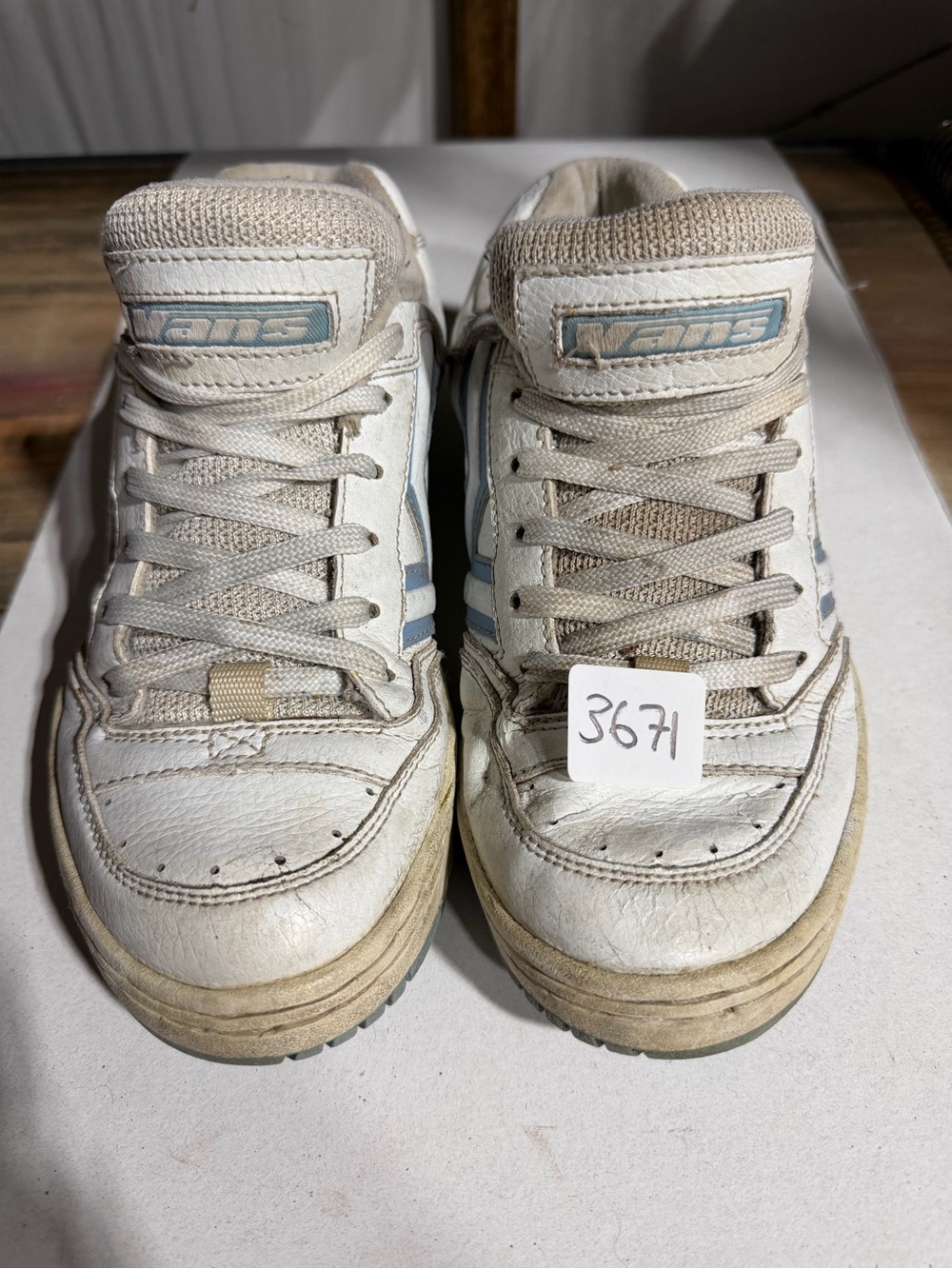 #3671-Vans White Leather High-Tops with Light Blue Stripes